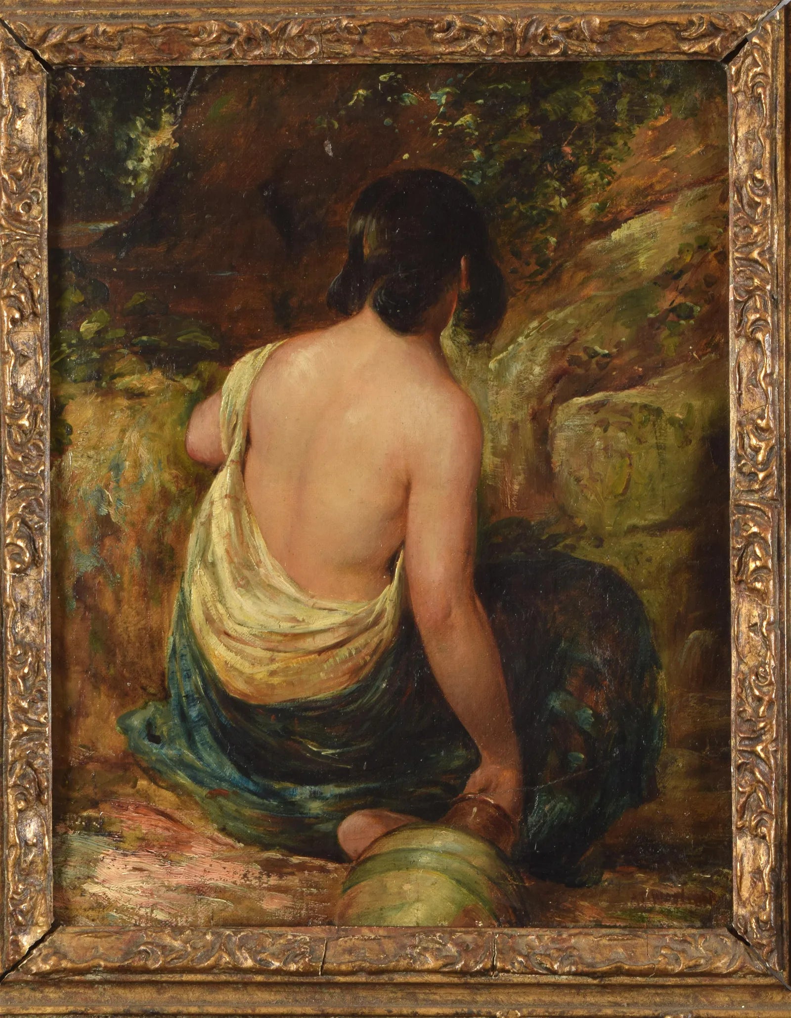AW605: : Mid 19th C European School -Oil on Canvas - Genre Scene Woman at Well