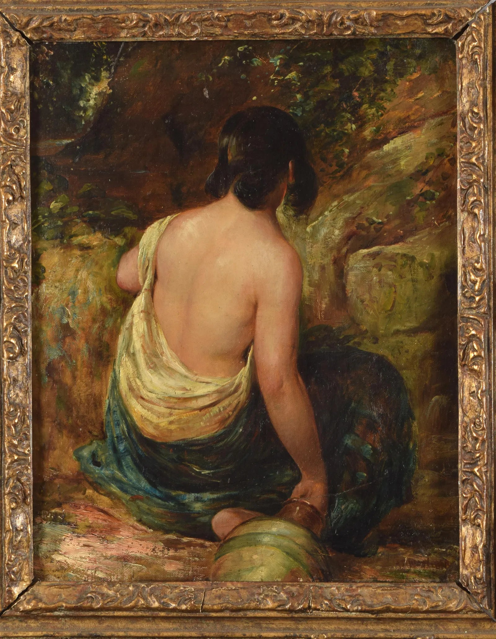 AW605: Mid 19th C European School Genre Scene Woman at Well - Impressionist Oil on Canvas