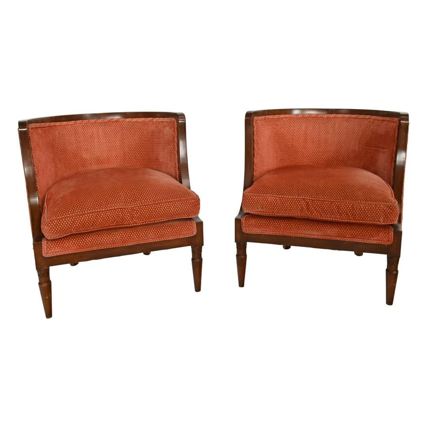 AF2-027: VINTAGE MID 20TH CENTURY MODERN PAIR OF MAHOGANY UPHOLSTERED ARMLESS TUB CHAIRS