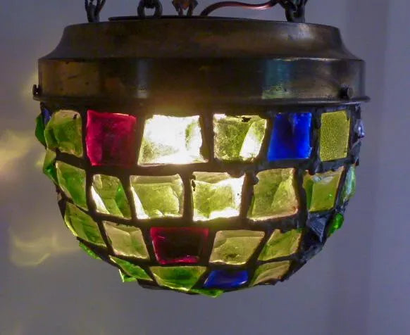 AL1-054: Early 20th C Art Nouveau / Arts & Crafts Chunk Glass Pendant Light