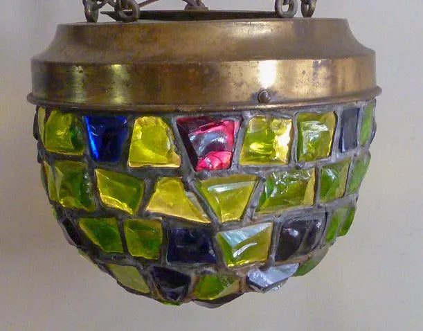AL1-054: Early 20th C Art Nouveau / Arts & Crafts Chunk Glass Pendant Light