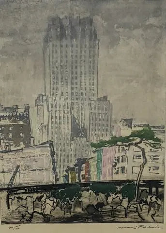 AW7-110: Max Pollak - Gravestones & Skyscrapers - Modernist Hand Colored Etching