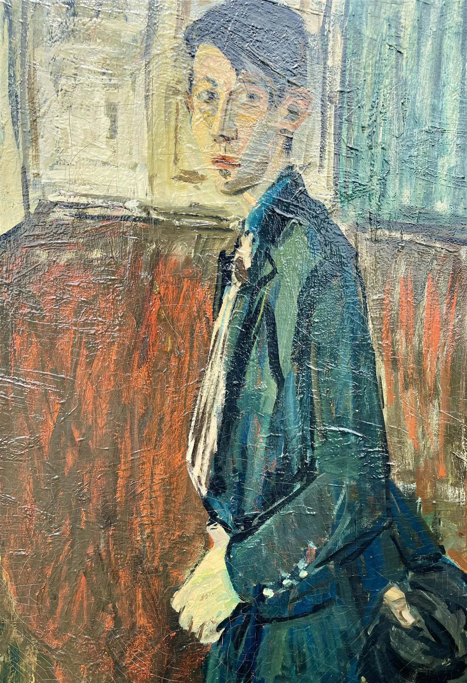 AW550:  Alex Tschernjawski Self Portrait -Mid 20th C American Modernist / Expressionist Artist  - Oil on Canvas -