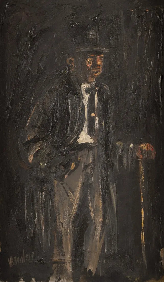 AW545: Early 20th American Modernist / Ashcan School - Fancy Man with Cane - Oil on Board