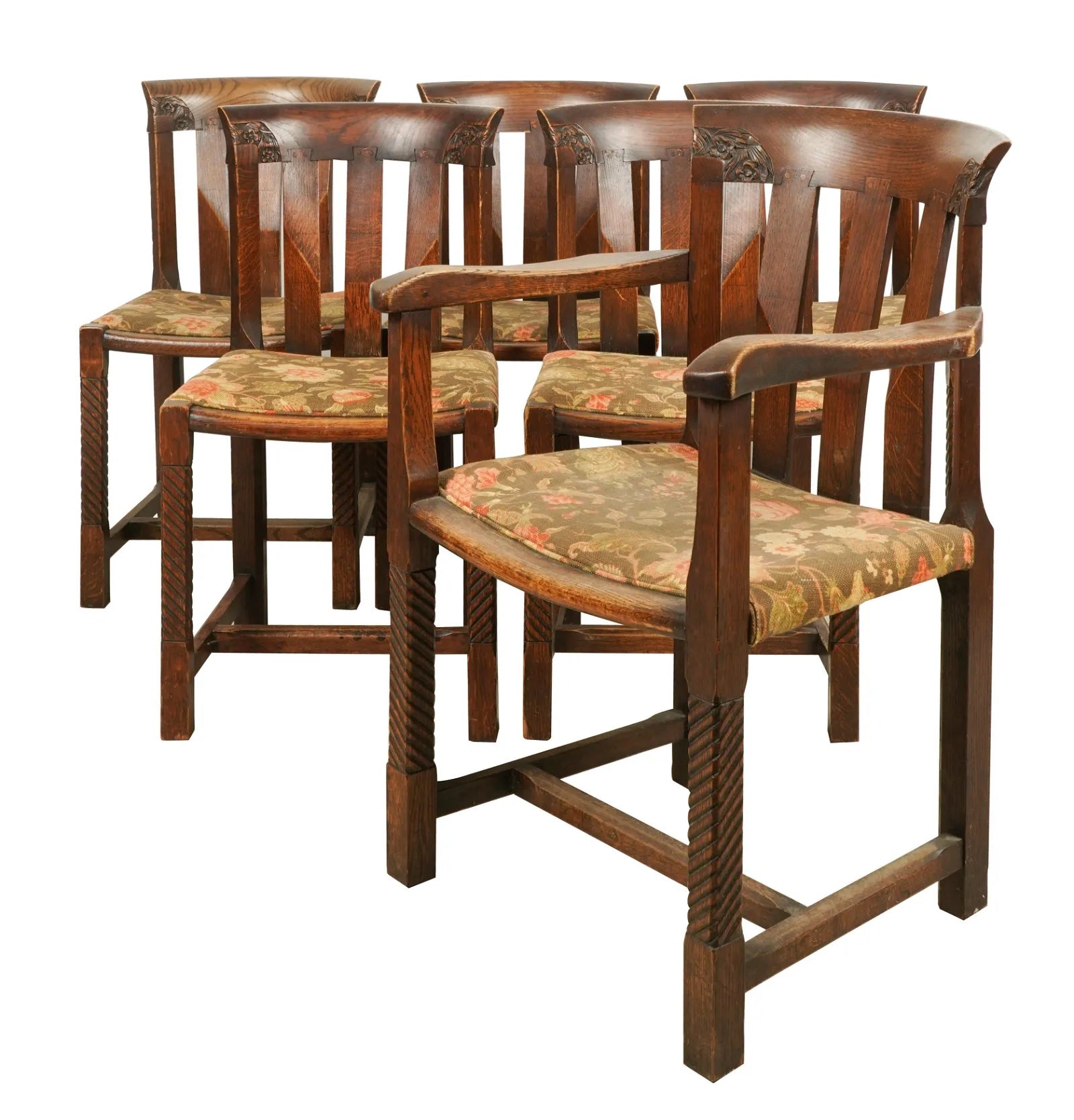 AF2-041: Antique Set of 6 Early 20th C English Arts & Crafts McIntosh Style Carved Oak Dining Chairs   - 1 Arm Chair & 5 Side Chairs