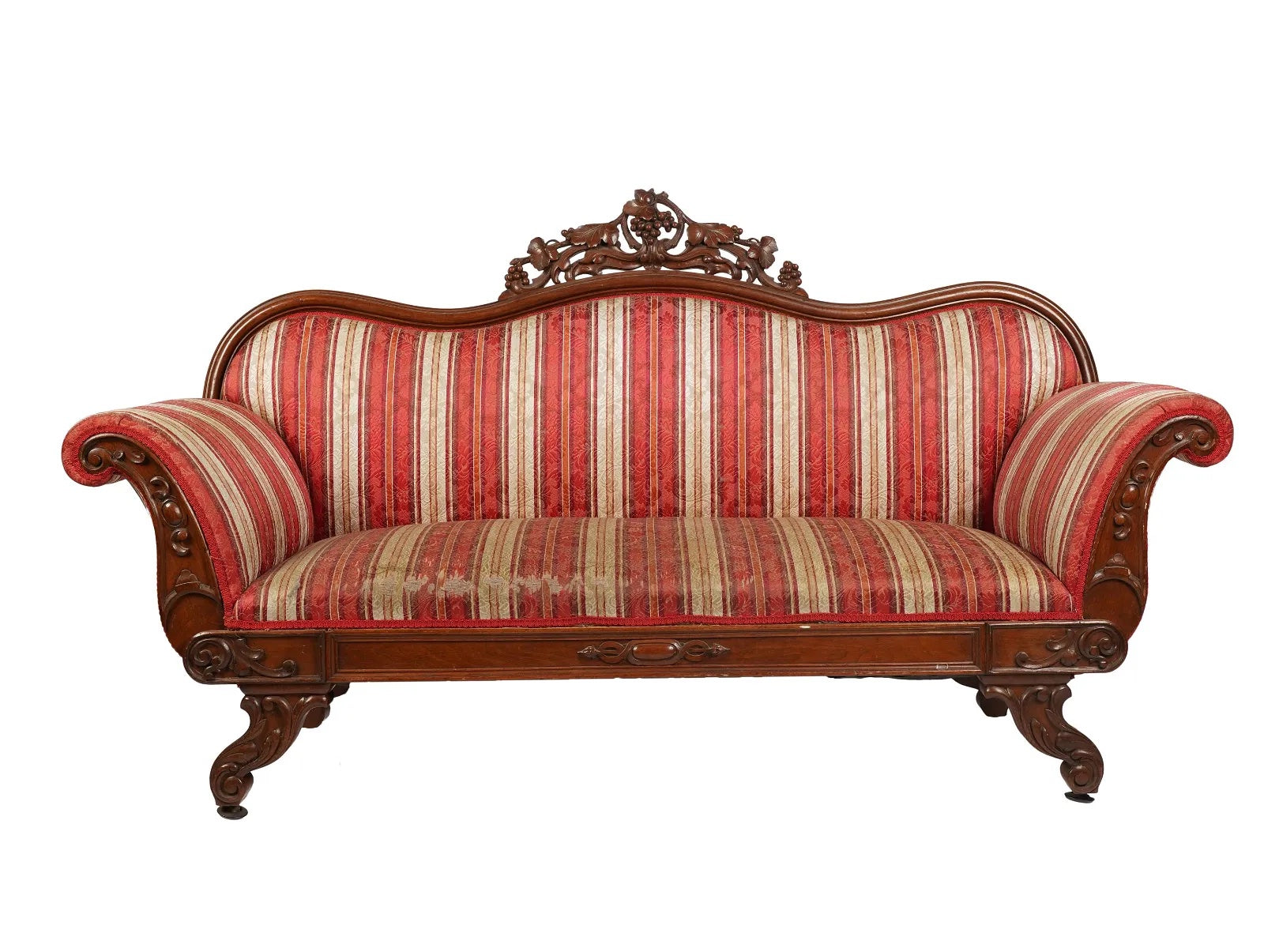 AF2-265: Antique Mid 19th C American Victorian Rococo Revival Carved Walnut Upholstered Sofa