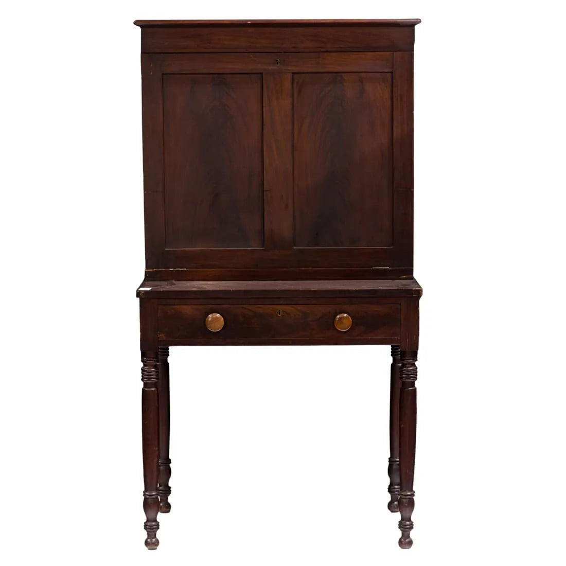 AF5-018: ANTIQUE EARLY 19TH C AMERICAN FEDERAL MAHOGANY DROP FRONT DESK - Jonathan C. Waldron, Stonington Conn.