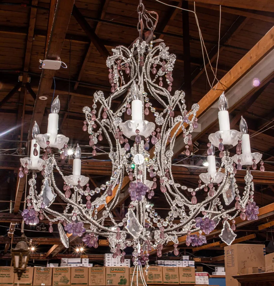AL1-060: LATE 20TH CENTURY ROCOCO STYLE BEADED GLASS CHANDELIER W/ AMETHYST CRYSTALS