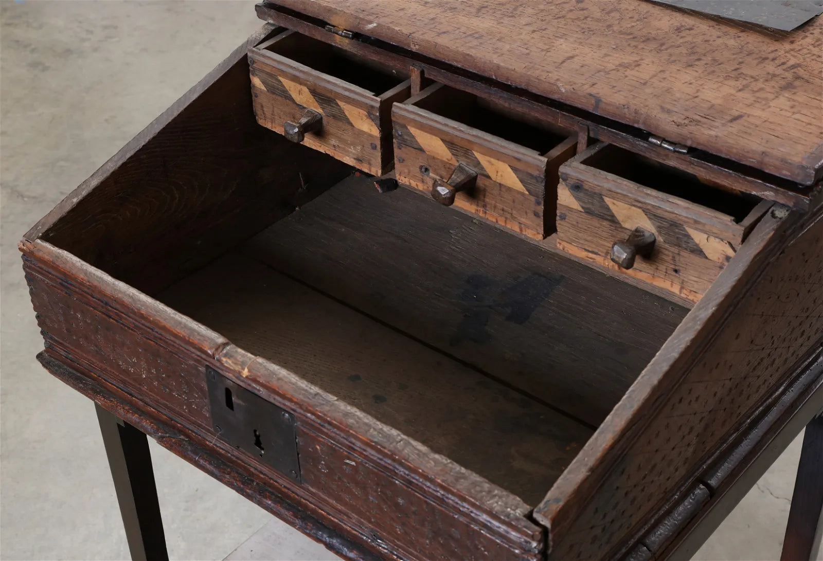 AF5-027: Antique Early 17th Century English Jacobean Slant Front Writing Desk on Later Stand