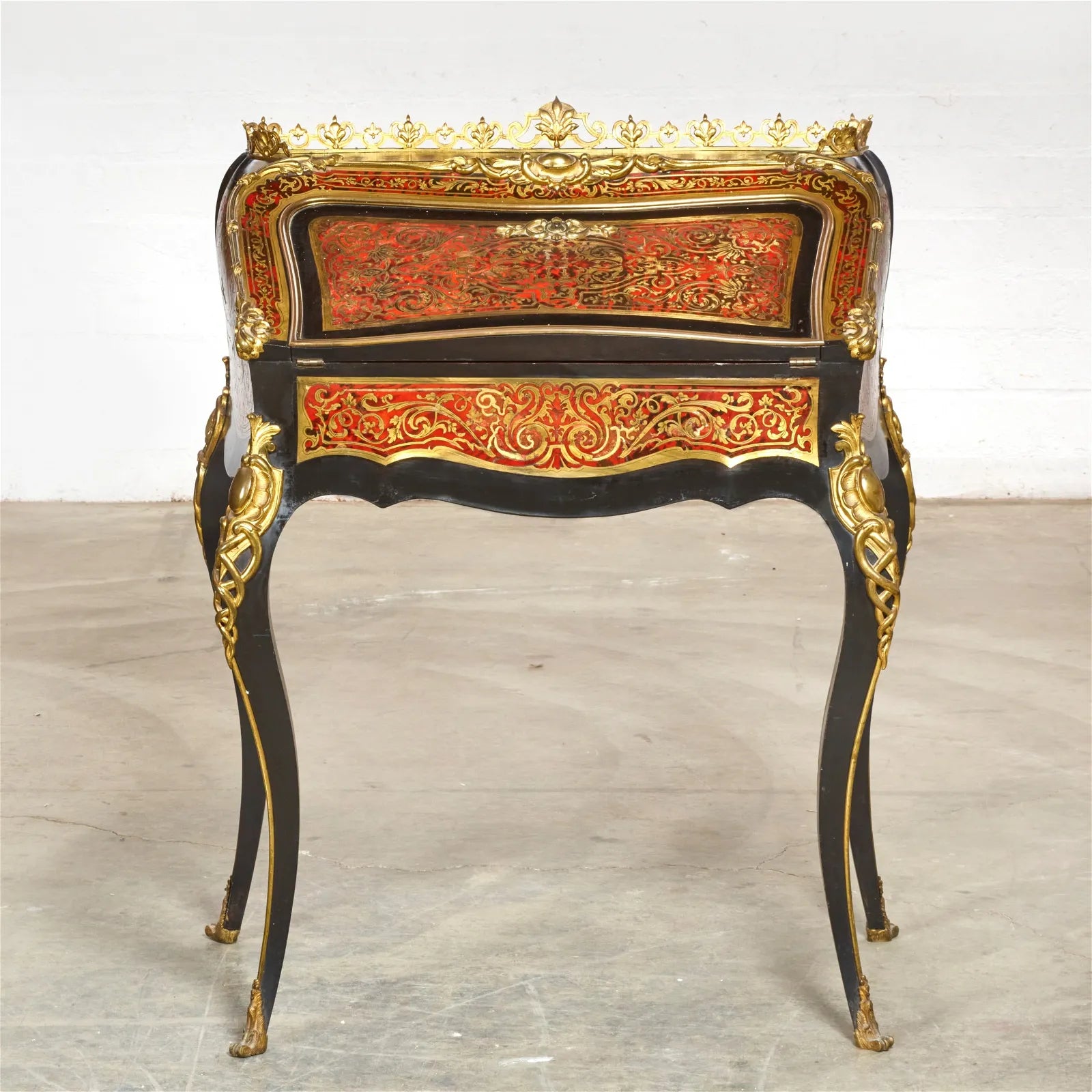 AF5-040: Antique Late 19th C Louis XV Style Gilt Bronze Mounted W/ Boulle Marquetry & Ebonized Bureau En Pente