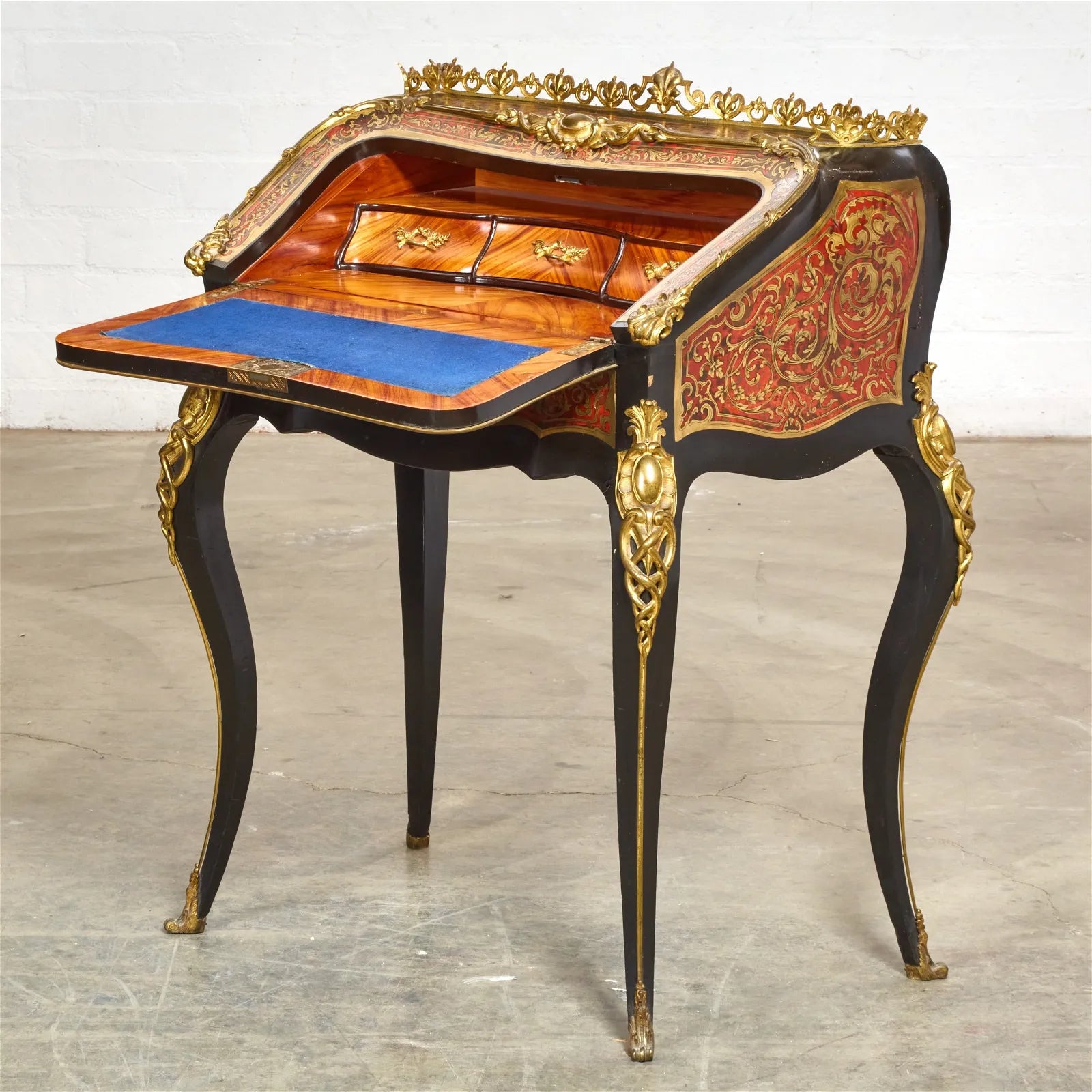 AF5-040: Antique Late 19th C Louis XV Style Gilt Bronze Mounted W/ Boulle Marquetry & Ebonized Bureau En Pente