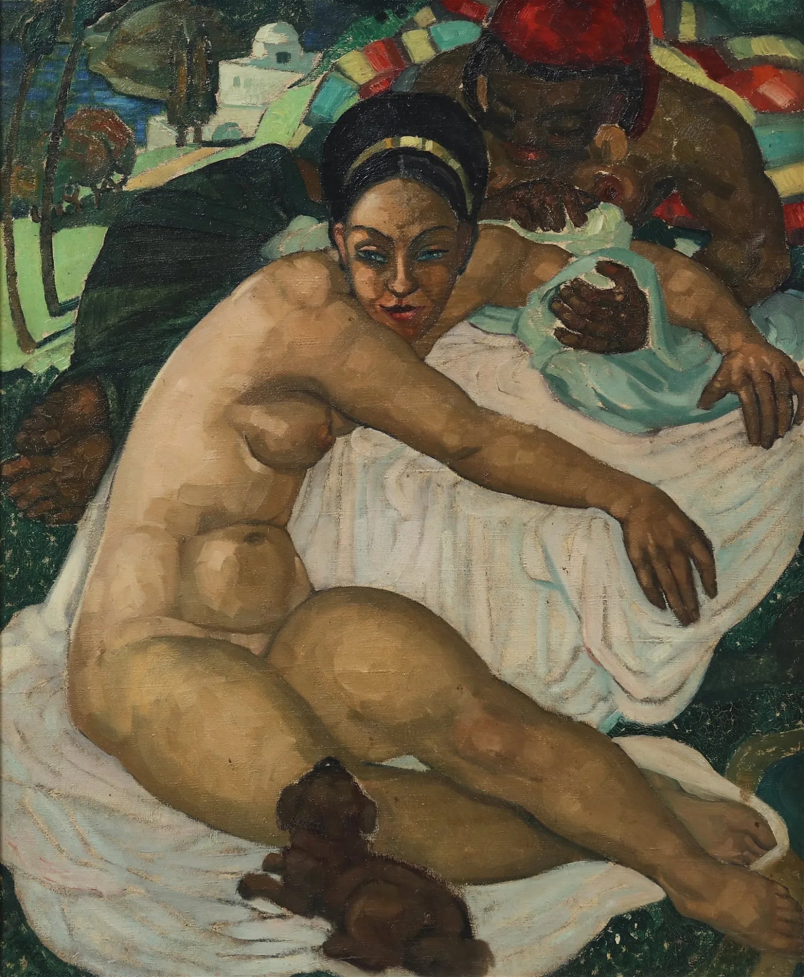 AW539: Continental School - 20th Century - Female Nude With Onlookers - Oil on Canvas