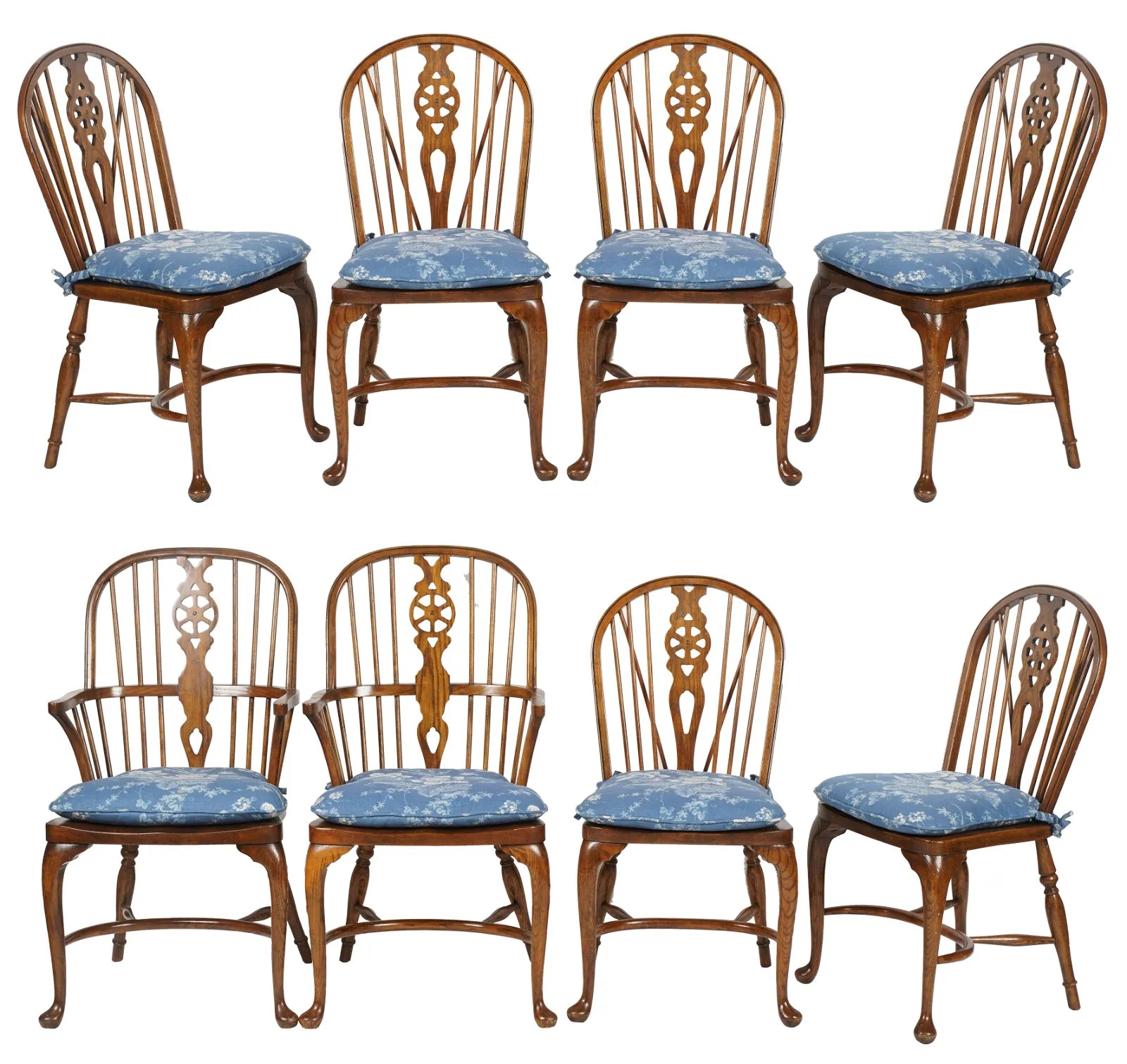 AF2-042: Antique Set of 8 Late 20th C English Oak Windsor Chairs With Cabriole Feet