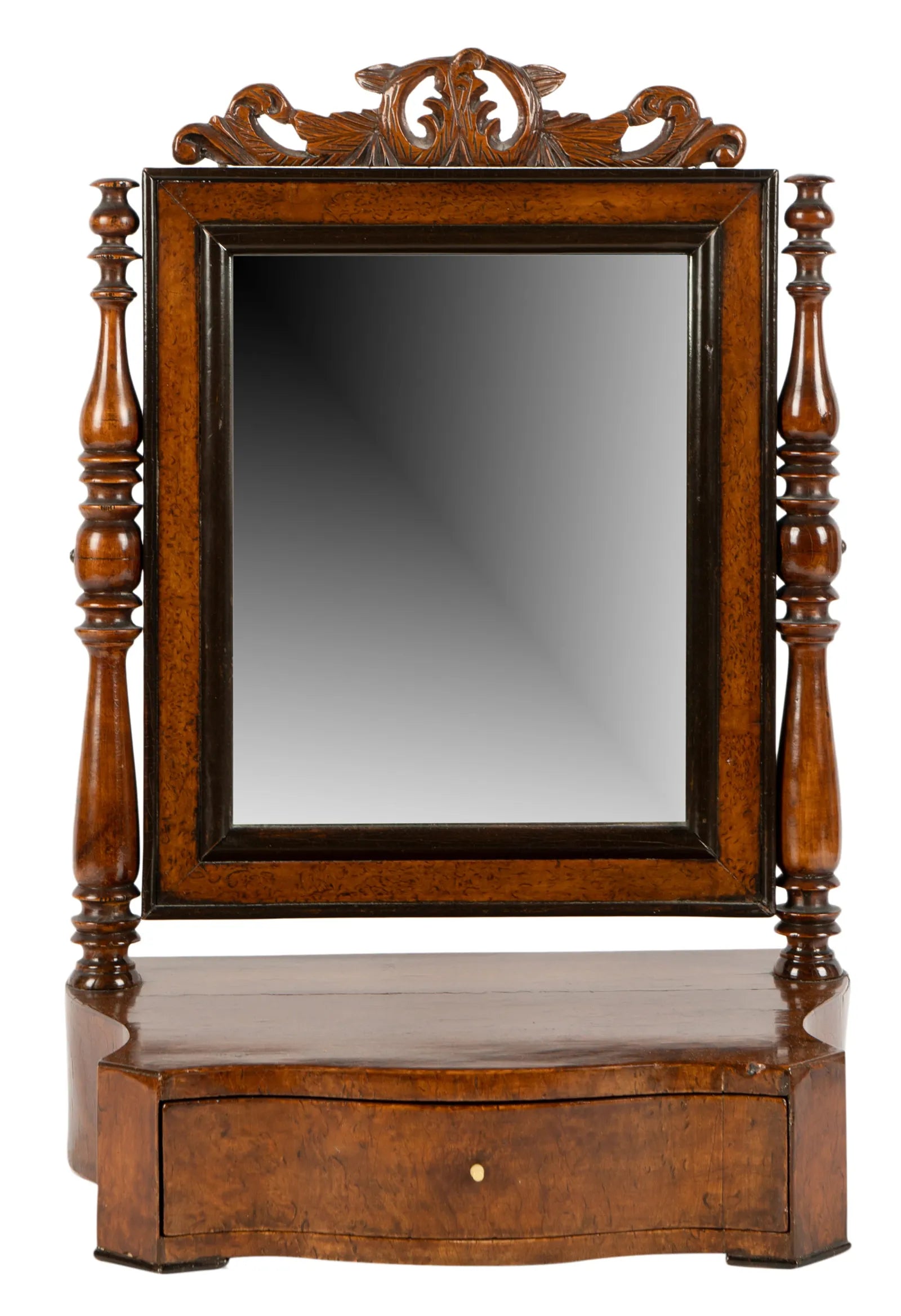 AF7-020: ANTIQUE EARLY 19TH CENTURY AMERICAN FEDERAL BURL WALNUT SHAVING MIRROR & STAND