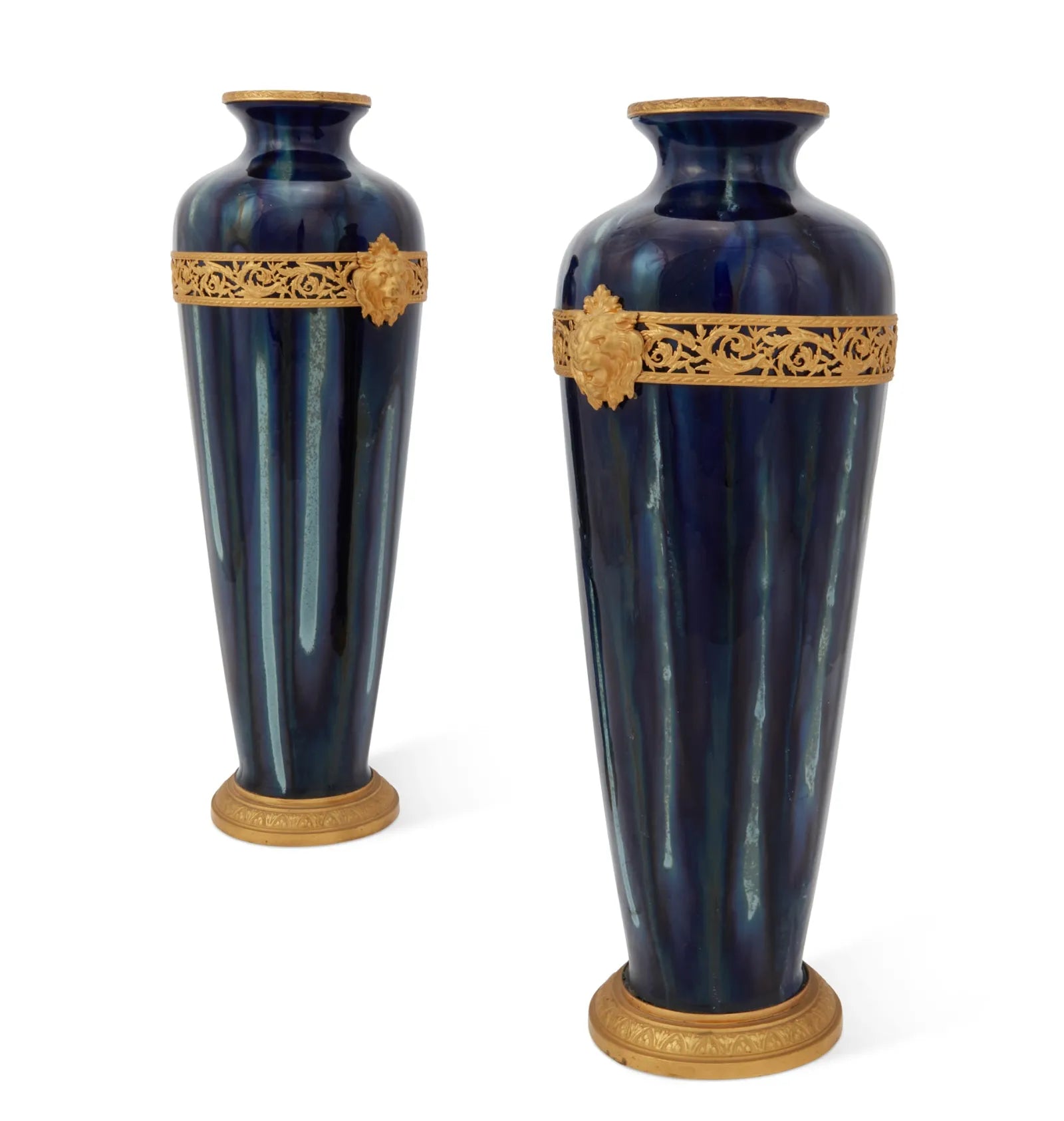 DA5-015: Pair of Late 19th C Pair of French Cobalt Flambe Glazed Pottery Vases w/ Gilt Bronze Mounts