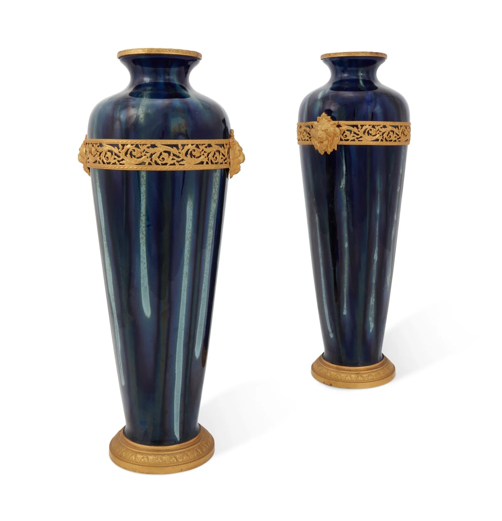 DA5-015: Pair of Late 19th C Pair of French Cobalt Flambe Glazed Pottery Vases w/ Gilt Bronze Mounts