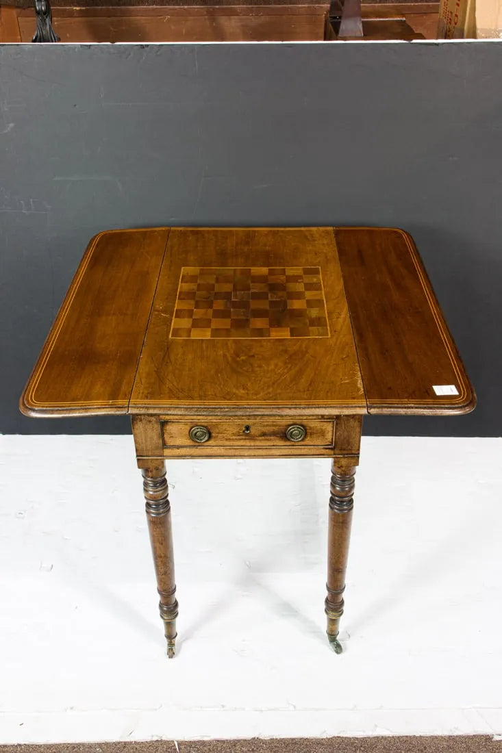 AF1-017:  Antique Period English Regency Mahogany Inlay Drop Leaf Games Table Circa 1800