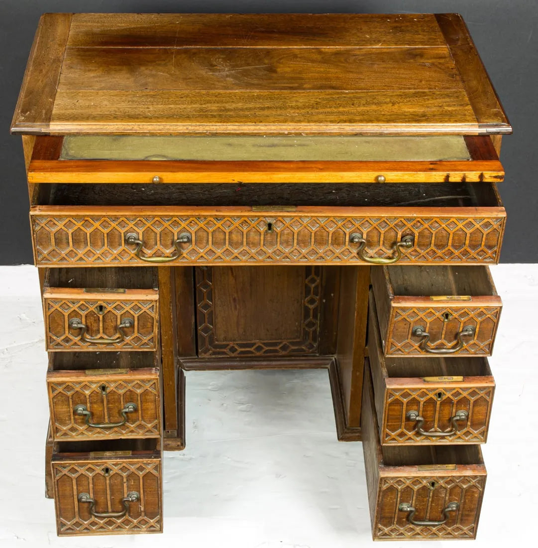 AF5-020: Antique Early 19th Century English George IV Oak & Mahogany Kneehole Desk Fashioned in the Gothic Taste