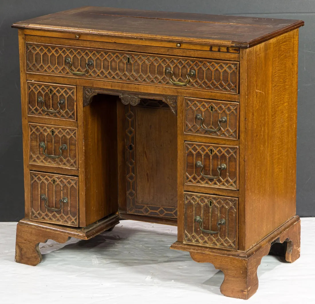 AF5-020: Antique Early 19th Century English George IV Oak & Mahogany Kneehole Desk Fashioned in the Gothic Taste