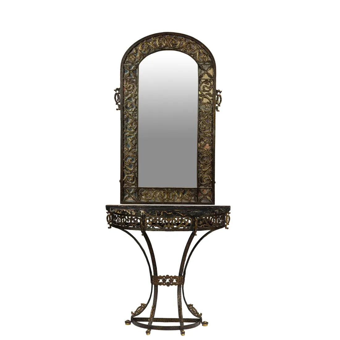 AF1-081: Antique  C 1920's Oscar Bach Iron & Brass Demilune Console Table W/ Nero Portoro Marble Top W/ Matching Mirror