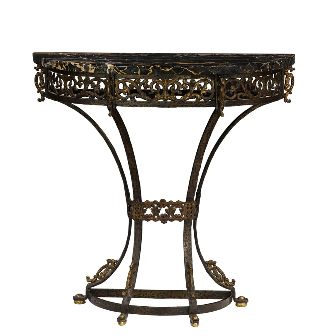 AF1-081: Antique  C 1920's Oscar Bach Iron & Brass Demilune Console Table W/ Nero Portoro Marble Top W/ Matching Mirror