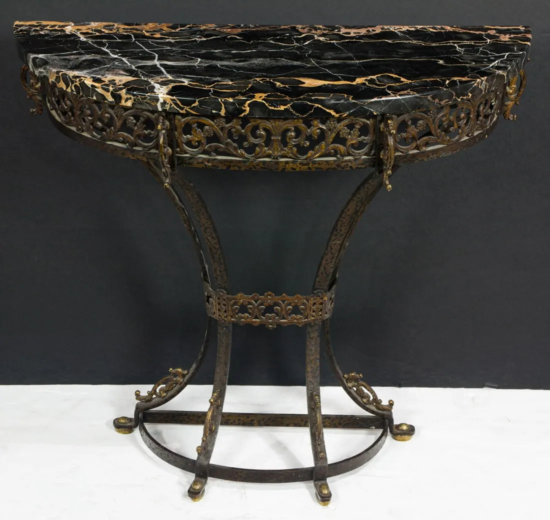 AF1-081: Antique  C 1920's Oscar Bach Iron & Brass Demilune Console Table W/ Nero Portoro Marble Top W/ Matching Mirror