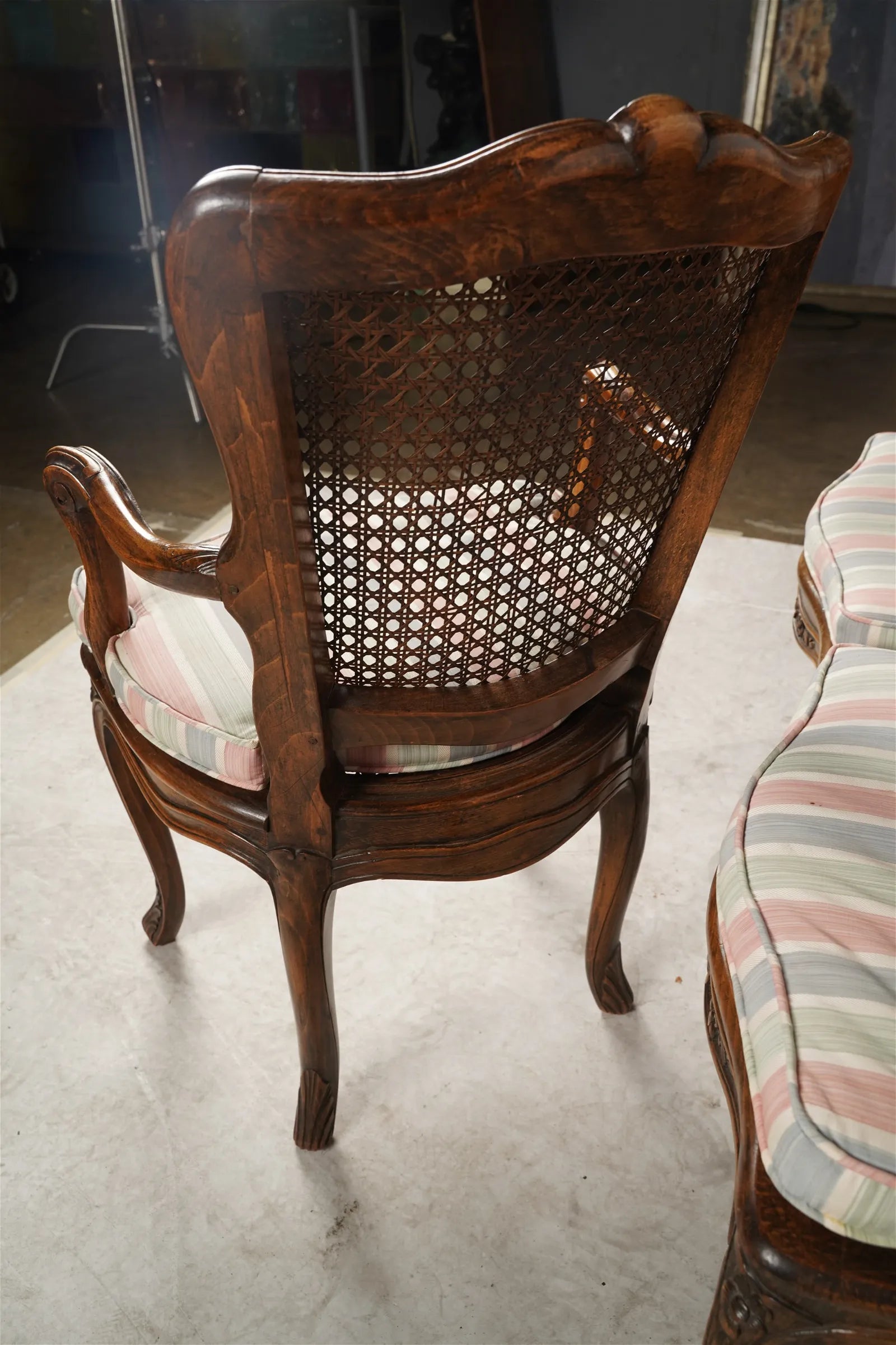 AF2-157: Antique Set of Six 20th Century Louis XV French Provincial Style Walnut Stained Beechwood Caned Armchairs