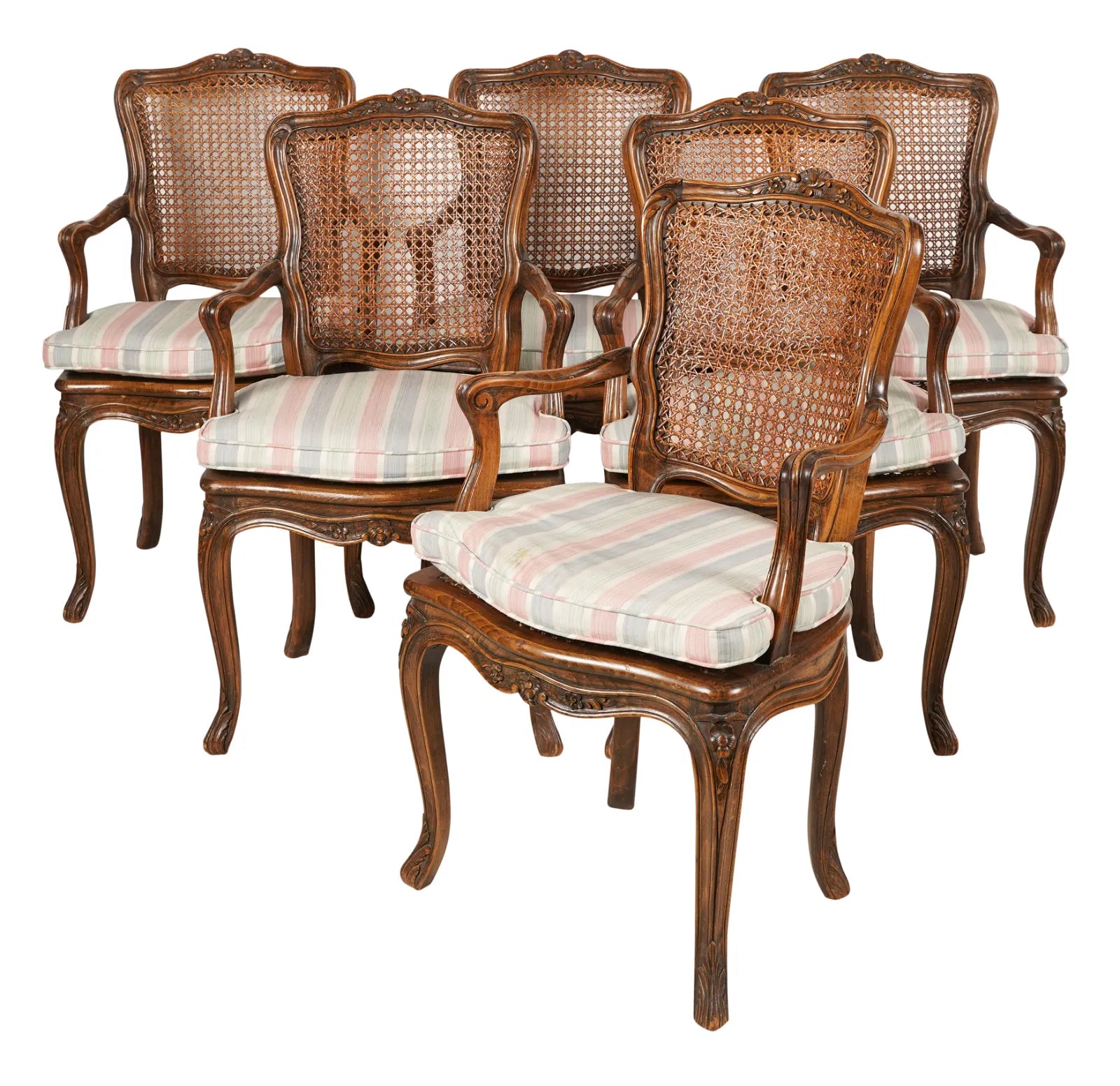 AF2-157: Antique Set of Six 20th Century Louis XV French Provincial Style Walnut Stained Beechwood Caned Armchairs