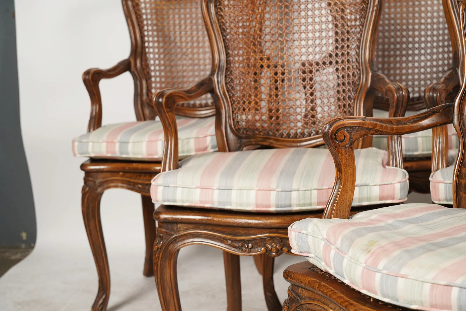 AF2-157: Antique Set of Six 20th Century Louis XV French Provincial Style Walnut Stained Beechwood Caned Armchairs