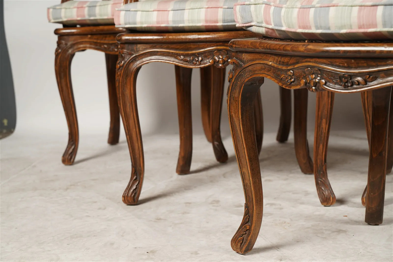 AF2-157: Antique Set of Six 20th Century Louis XV French Provincial Style Walnut Stained Beechwood Caned Armchairs