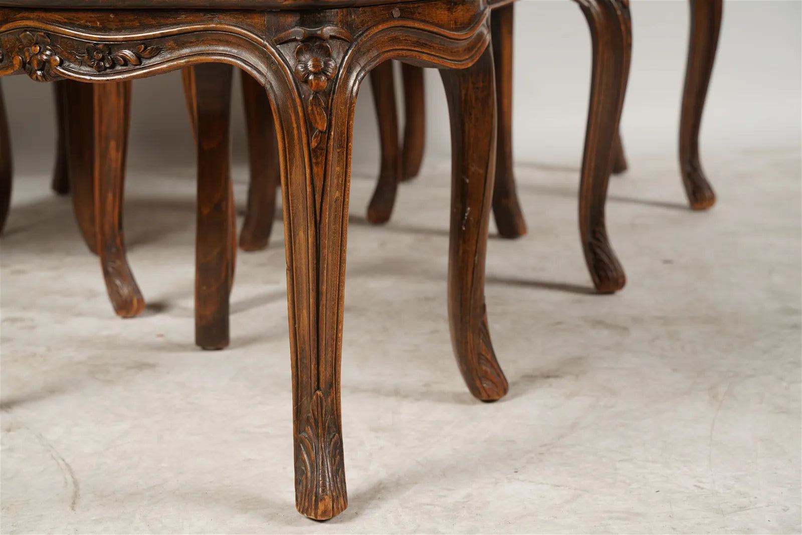 AF2-157: Antique Set of 6 20th Century  French Provincial Style Walnut Stained Beechwood Caned Armchairs