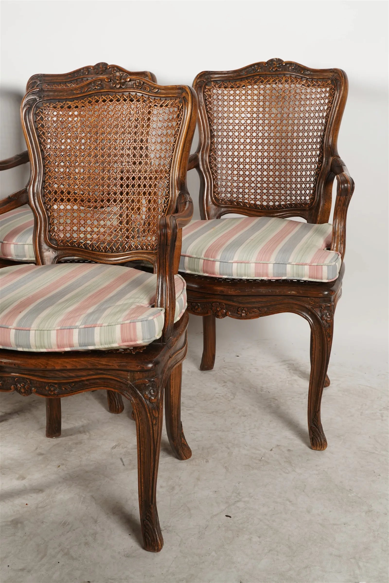 AF2-157: Antique Set of 6 20th Century  French Provincial Style Walnut Stained Beechwood Caned Armchairs