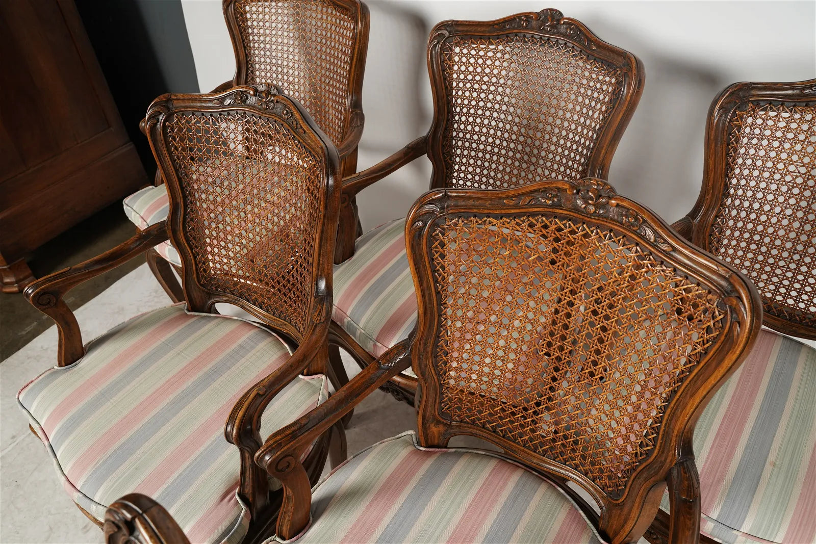 AF2-157: Antique Set of 6 20th Century  French Provincial Style Walnut Stained Beechwood Caned Armchairs