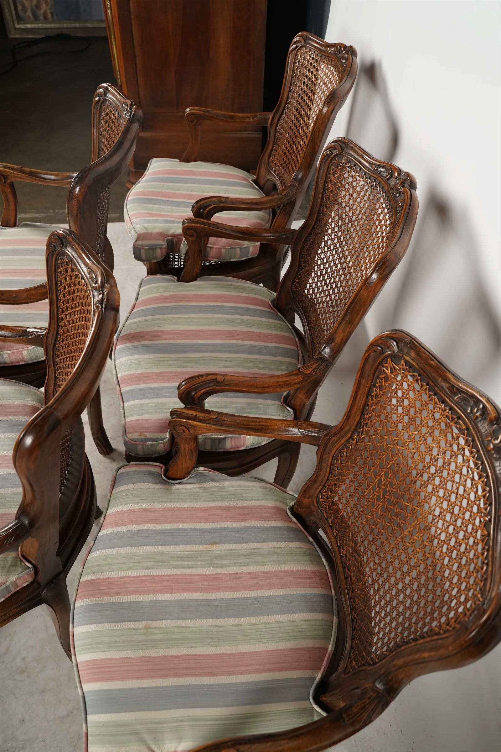 AF2-157: Antique Set of Six 20th Century Louis XV French Provincial Style Walnut Stained Beechwood Caned Armchairs