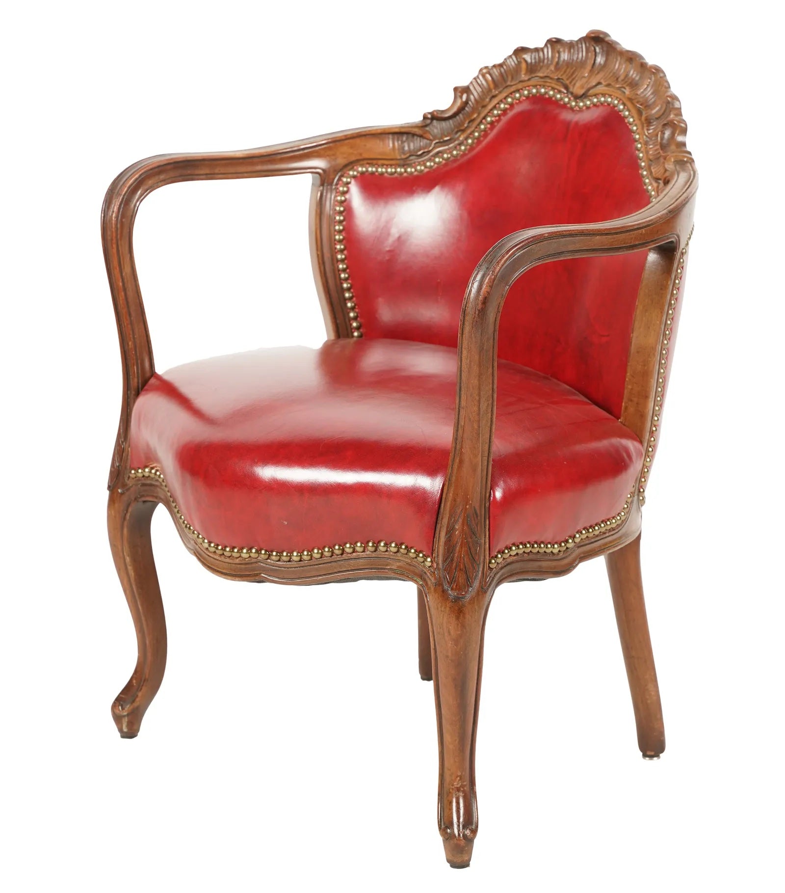 AF2-158: Antique Early 20th Century Rococo Style Carved Walnut Arm Chair W/ Red Leather Upholstery