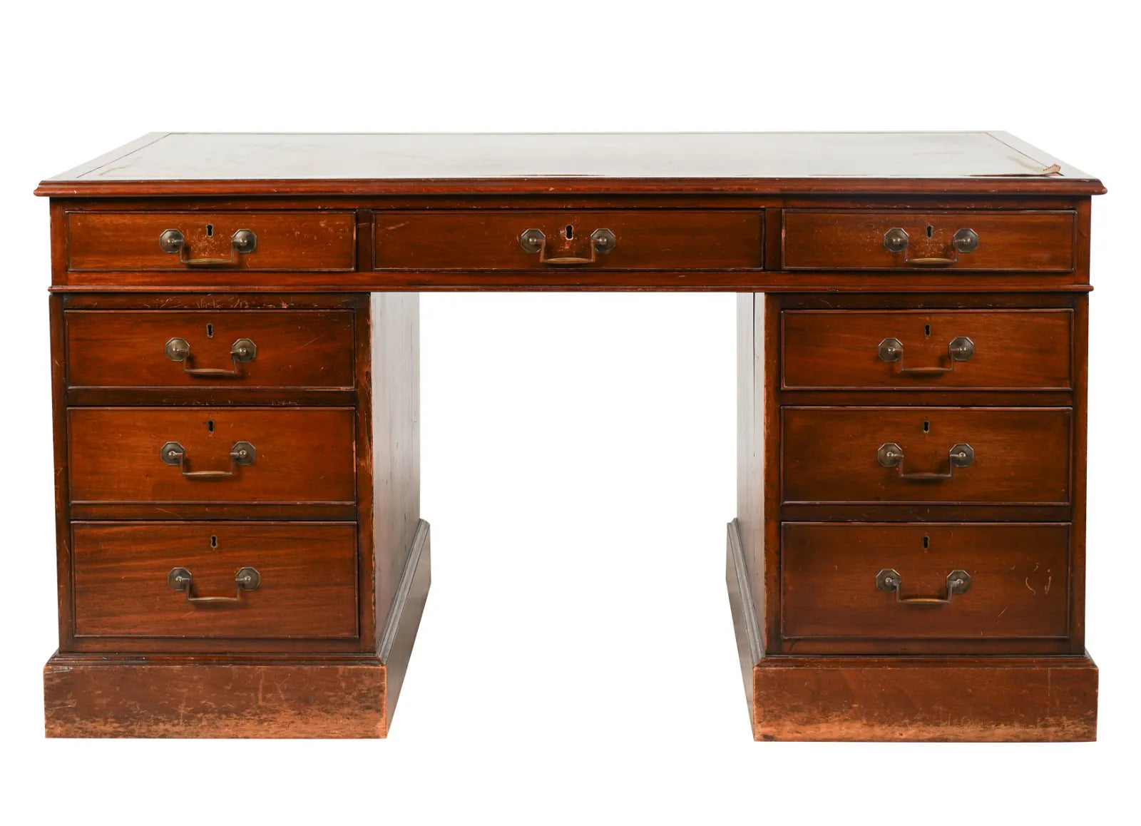 AF5-019: Antique Mid 19th Century English Georgian Style  Mahogany Pedestal Desk W/ Leather Inset Top