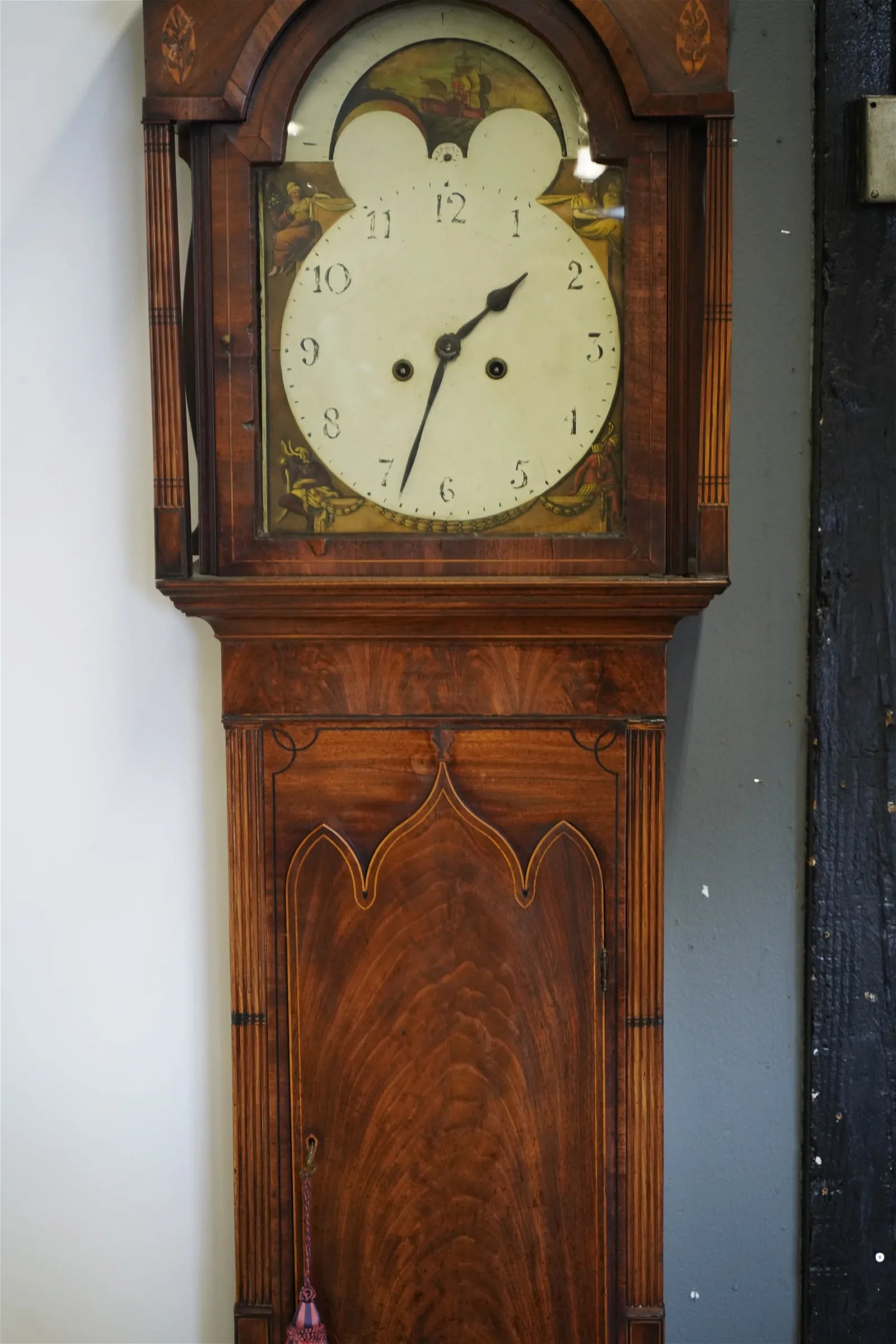 TK1-041: Late 18th Century English Gothic Style Mahogany Tall Case Clock