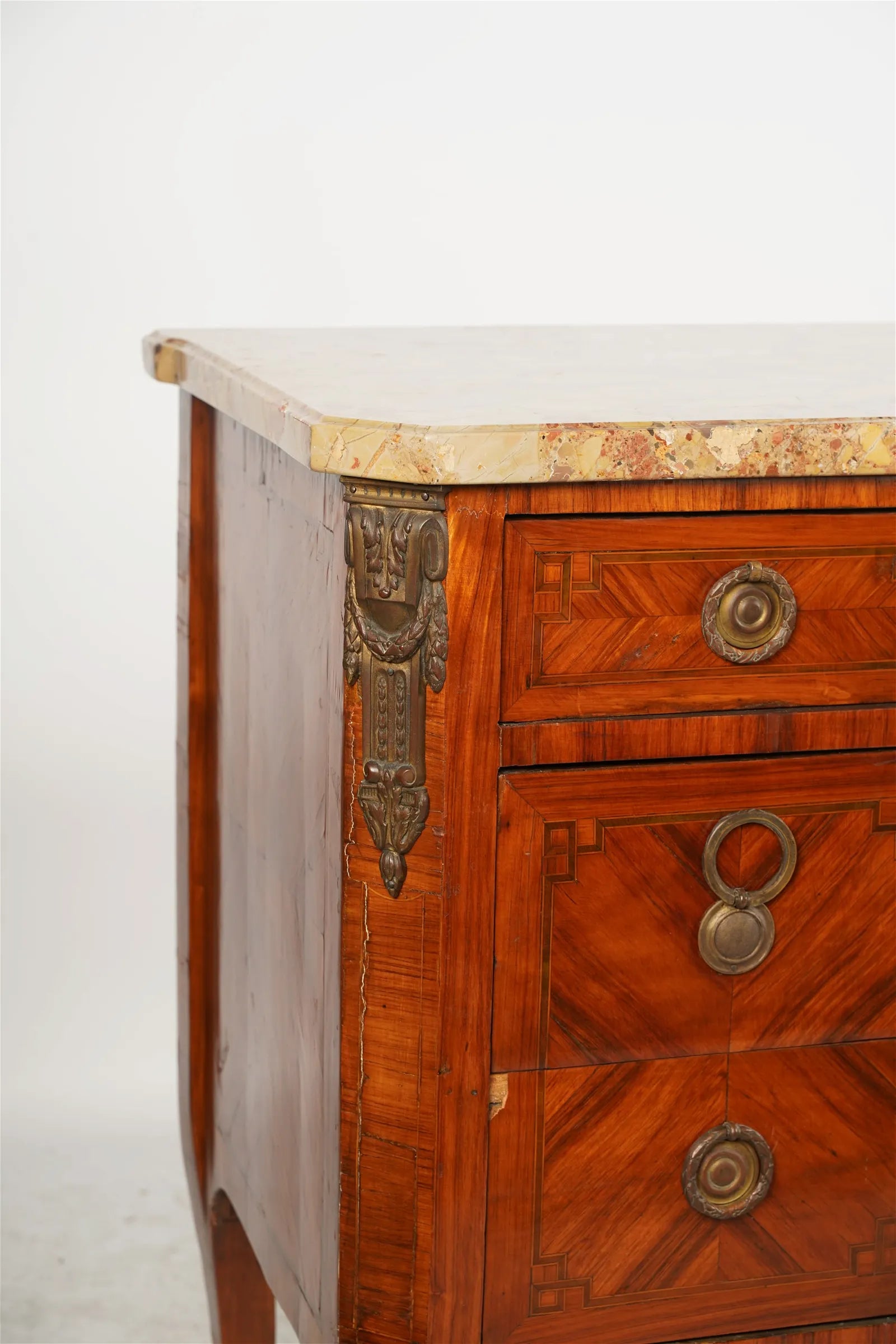 AF4-103: Antique Late 18th Century French Louis XV Parquetry Commode With Breche D'Alep Marble Top