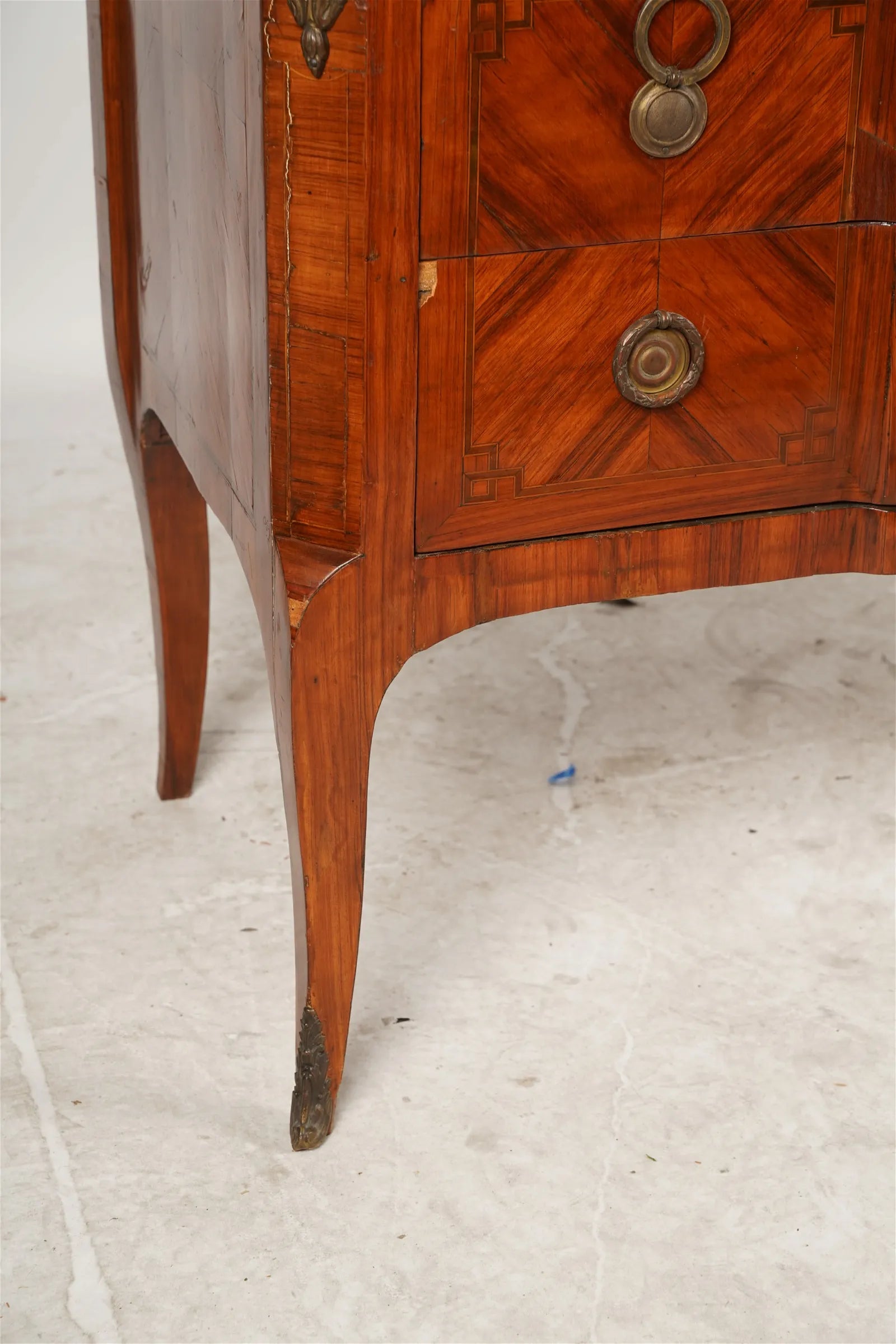 AF4-103: Antique Late 18th Century French Louis XV Parquetry Commode With Breche D'Alep Marble Top