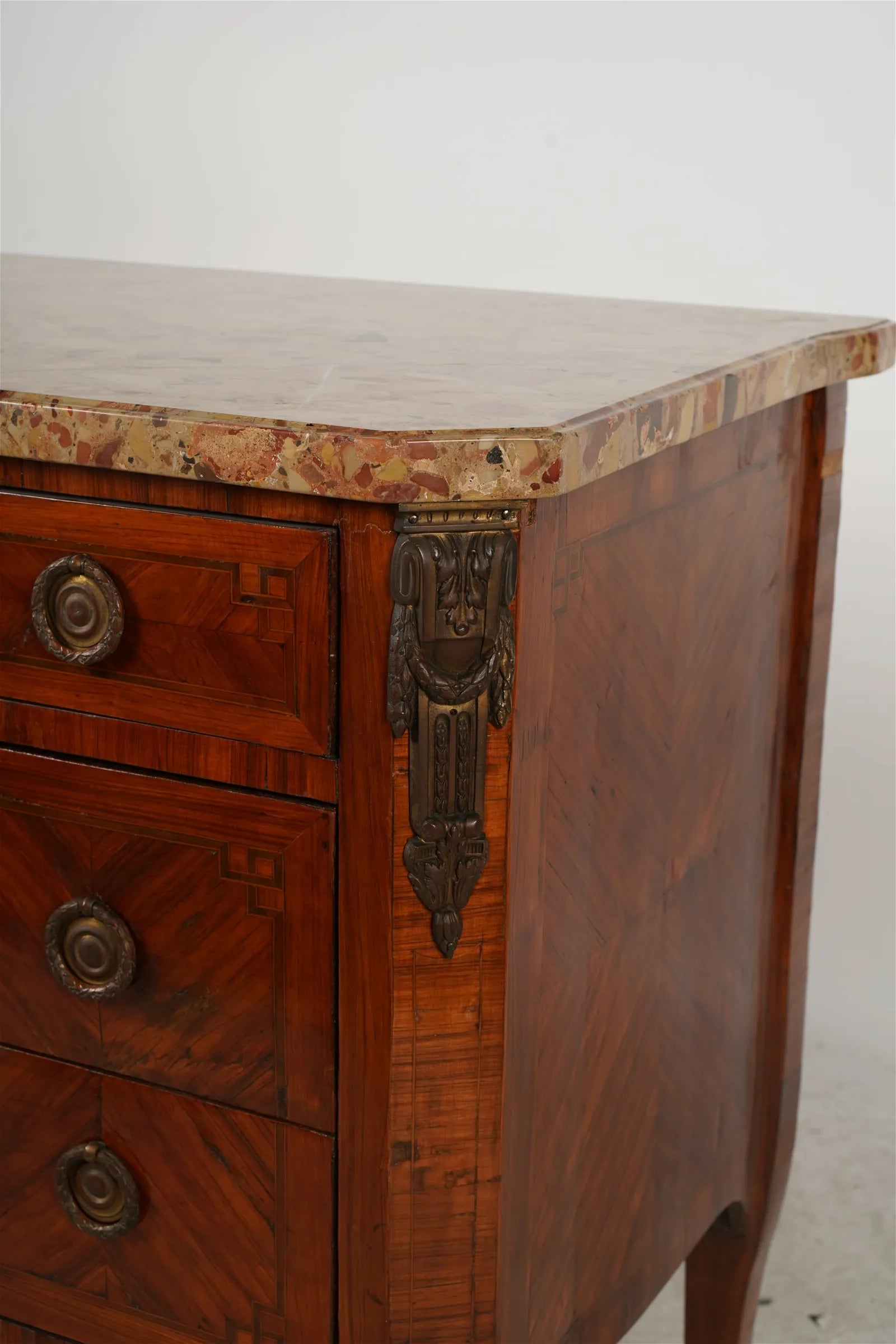 AF4-103: Antique Late 18th Century French Louis XV Parquetry Commode With Breche D'Alep Marble Top