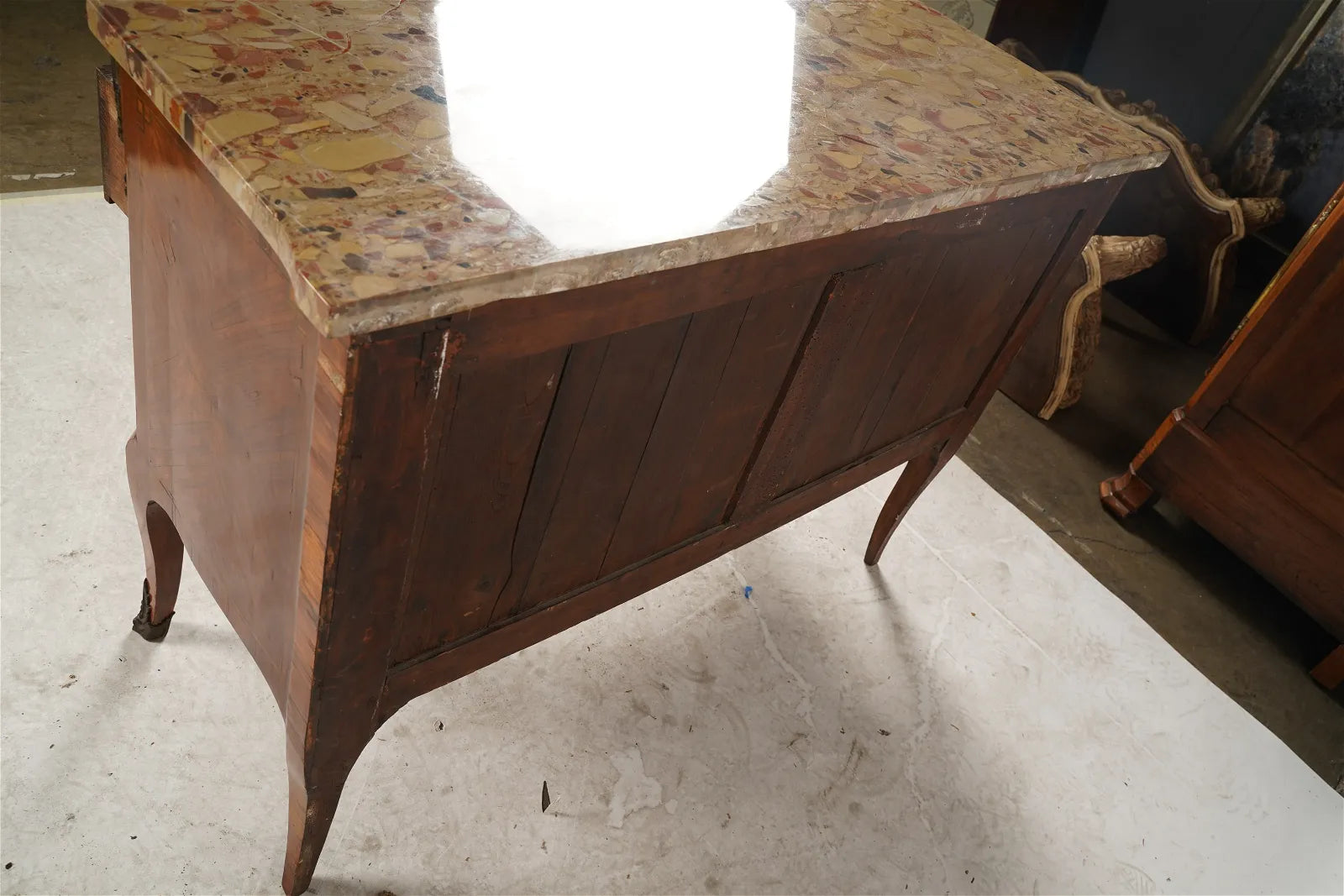 AF4-103: Antique Late 18th Century French Louis XV Parquetry Commode With Breche D'Alep Marble Top