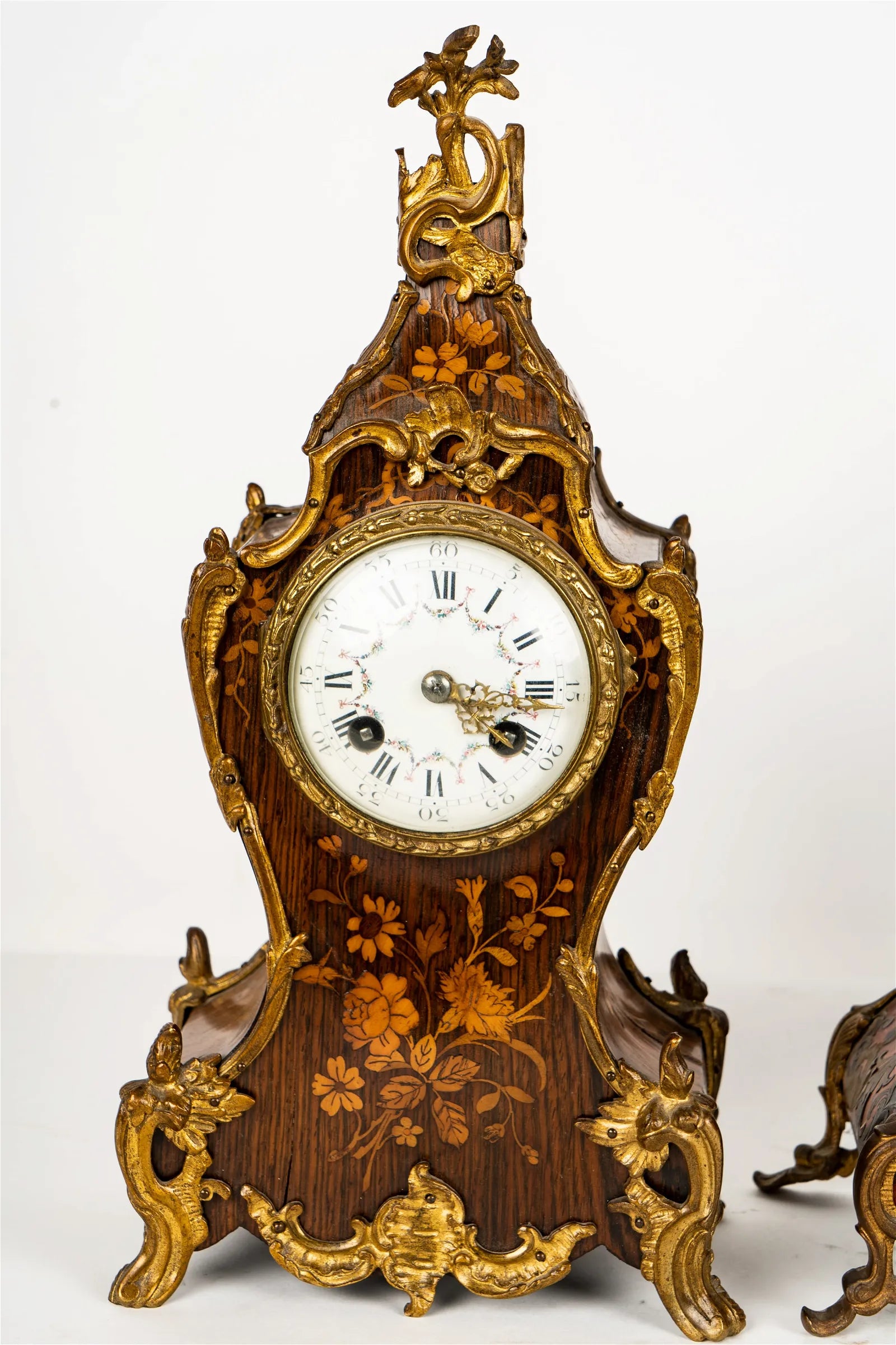 TK2-030: Early19th Century French Louis XV Style Mantle Clock With Mixed Wood Marquetry Case