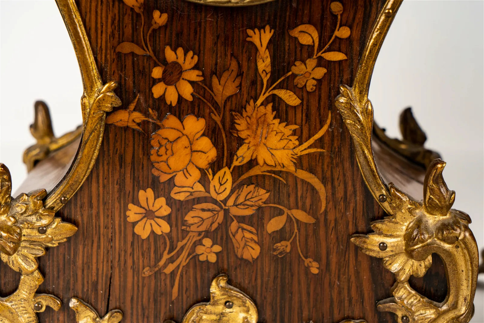 TK2-030: Early19th Century French Louis XV Style Mantle Clock With Mixed Wood Marquetry Case