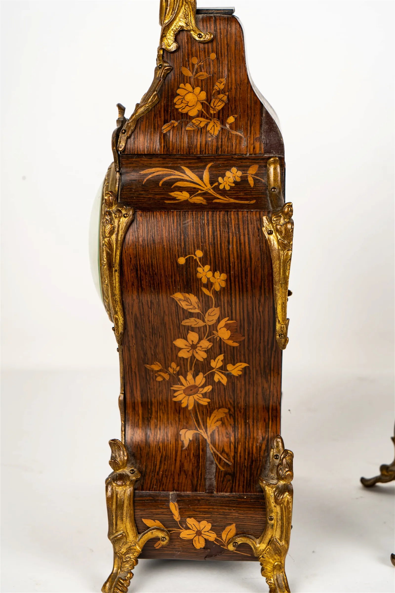 TK2-030: Early19th Century French Louis XV Style Mantle Clock With Mixed Wood Marquetry Case