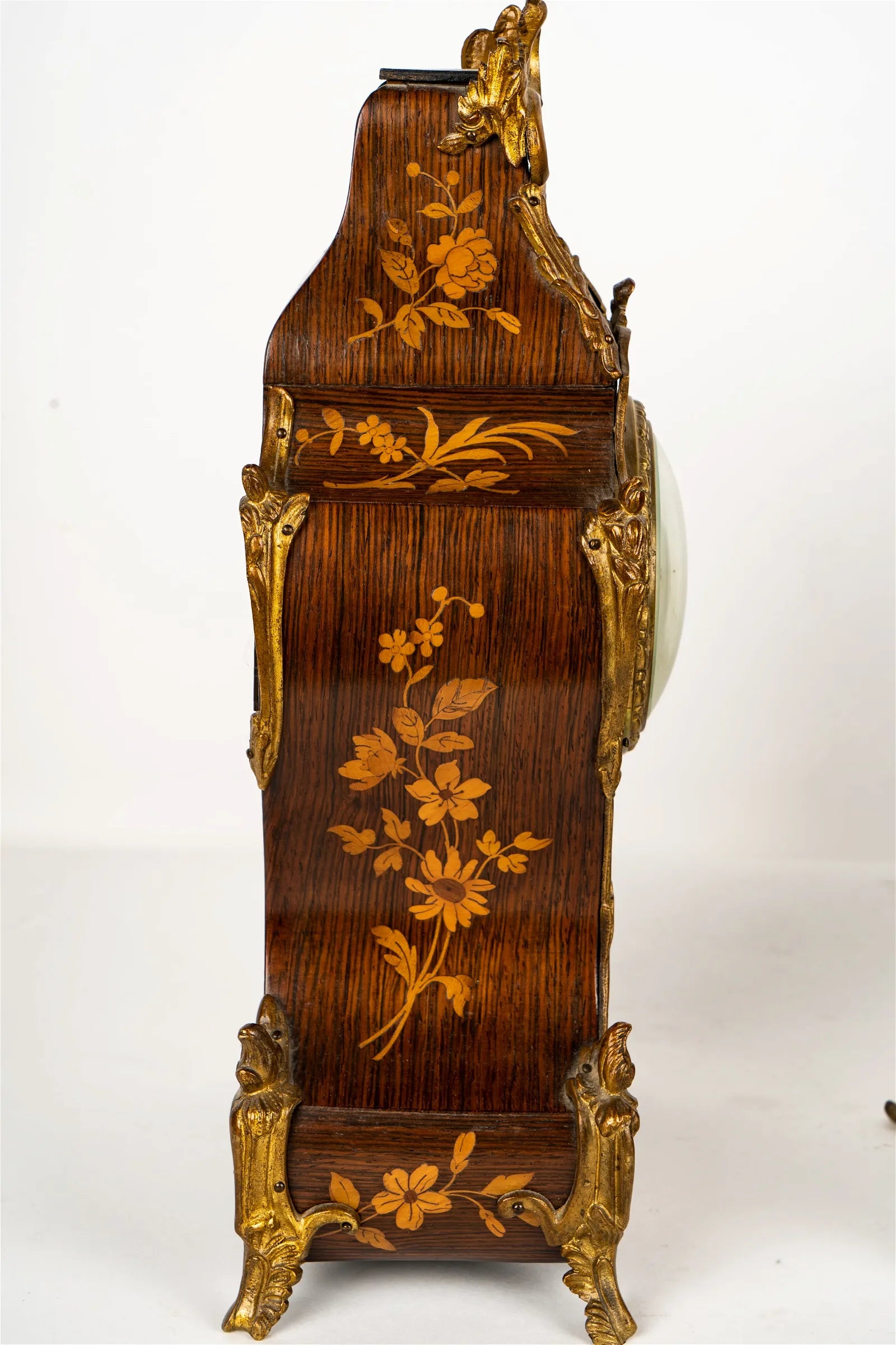 TK2-030: Early19th Century French Louis XV Style Mantle Clock With Mixed Wood Marquetry Case