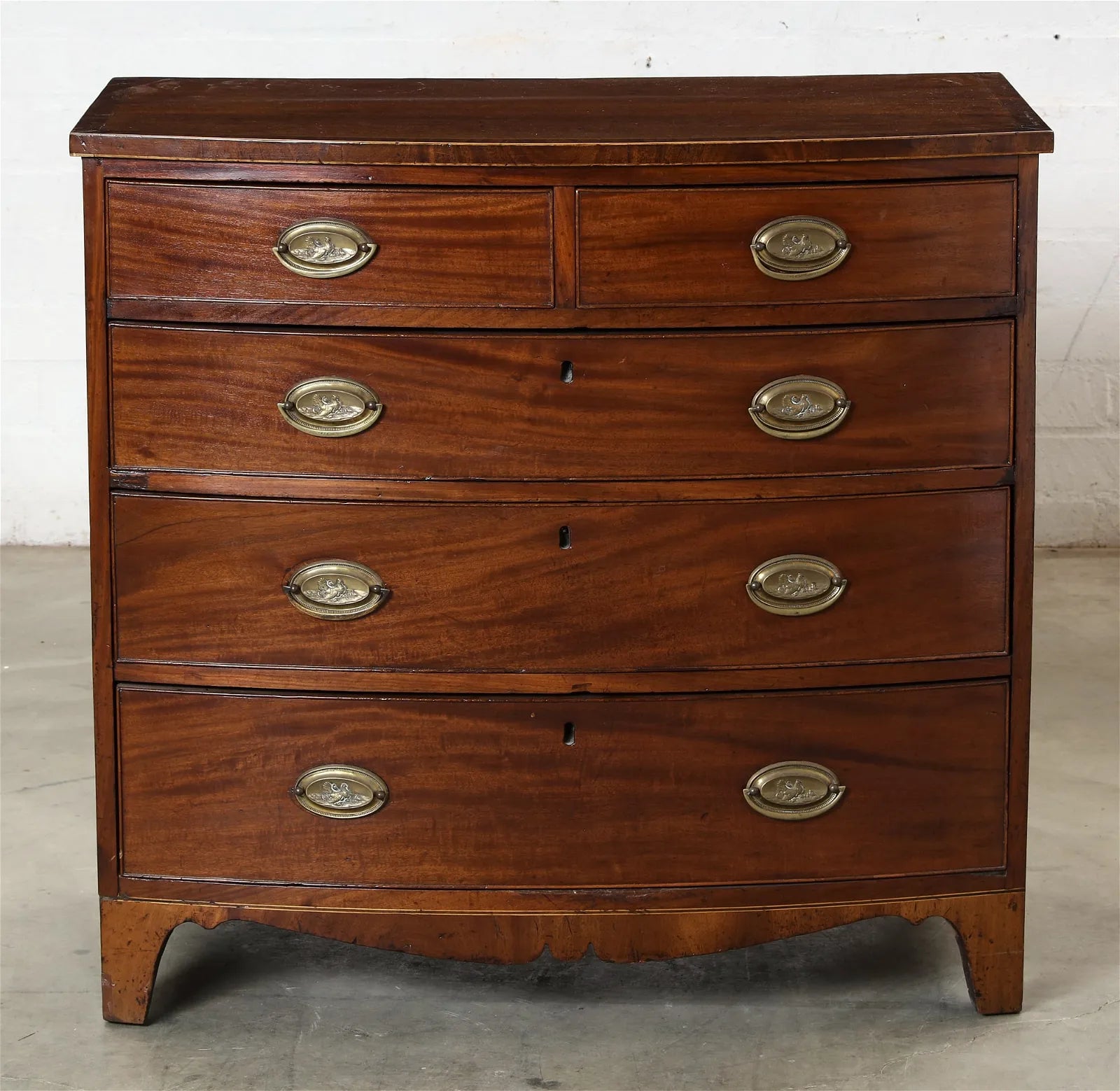 AF4-006: Antique Early 19th Century English Regency Mahogany Bowfront Chest of Drawers With Original Hardware