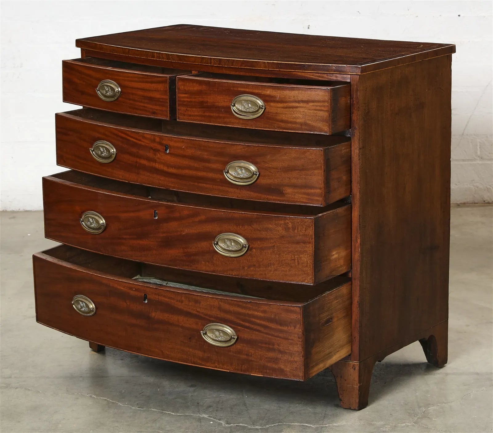 AF4-006: Antique Early 19th Century English Regency Mahogany Bowfront Chest of Drawers With Original Hardware