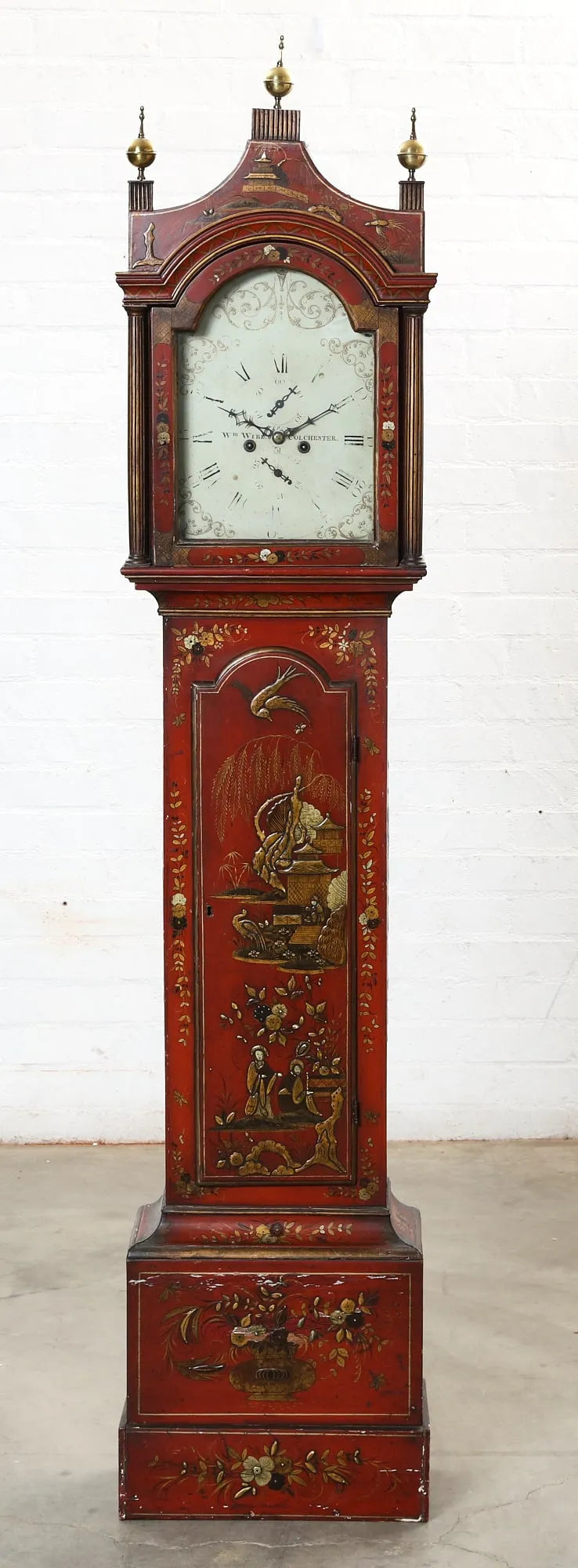 TK1-040: Early 19th Century English George II Red & Gilt Japanned Tall Case Clock - William Wire, Colchester