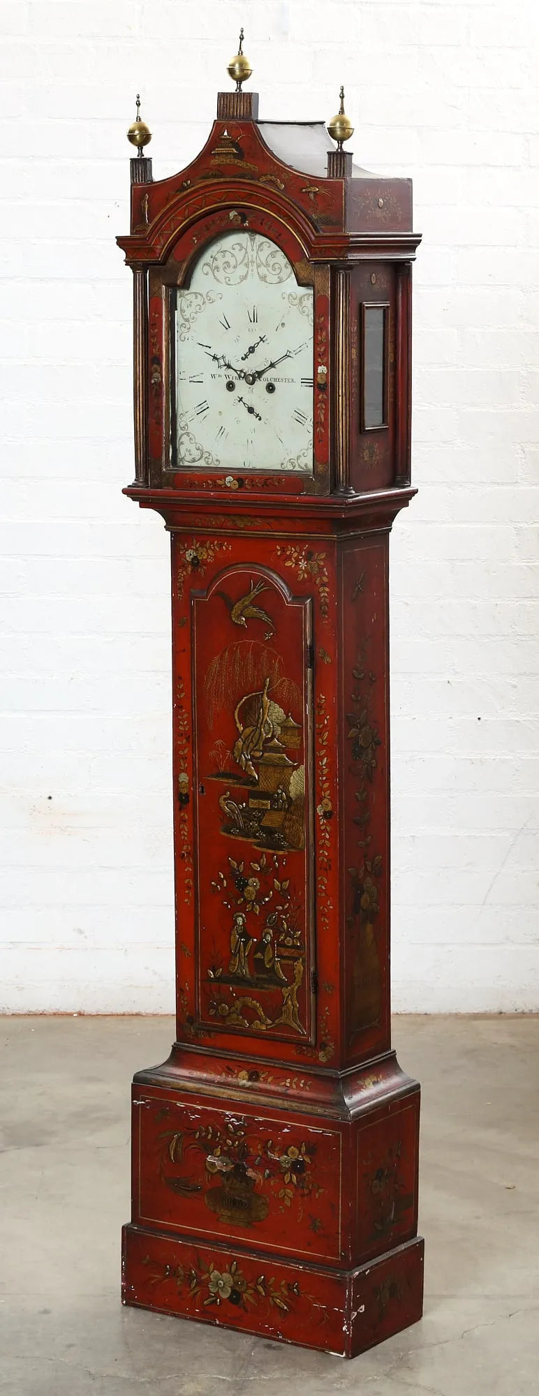 TK1-040: Early 19th Century English George II Red & Gilt Japanned Tall Case Clock - William Wire, Colchester