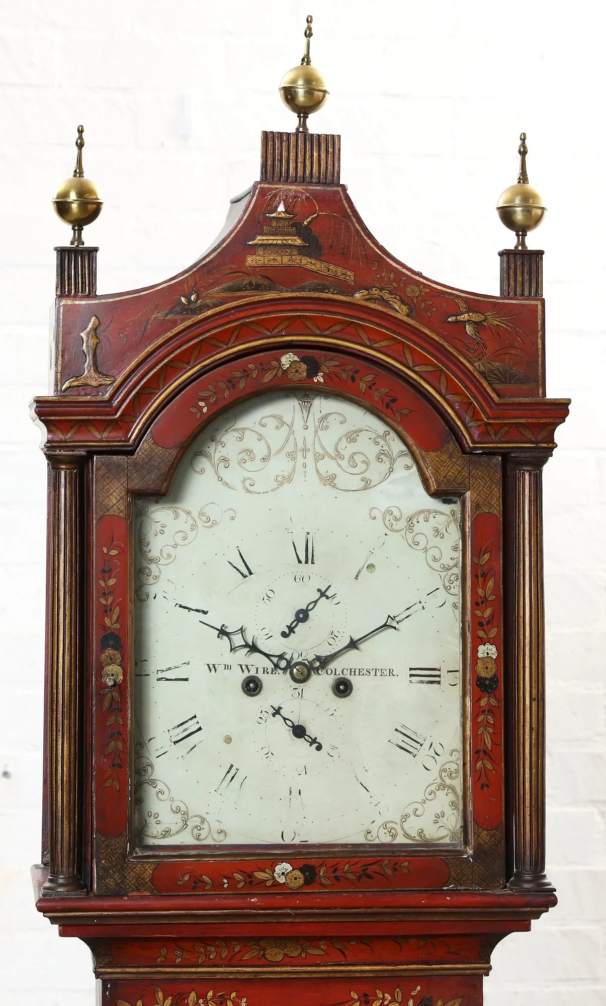 TK1-040: Early 19th Century English George II Red & Gilt Japanned Tall Case Clock - William Wire, Colchester